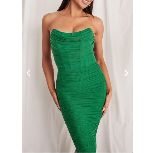 NEW SEASON Lavish Alice ruched corset mesh midi dress in spring green - Picture 3 of 8